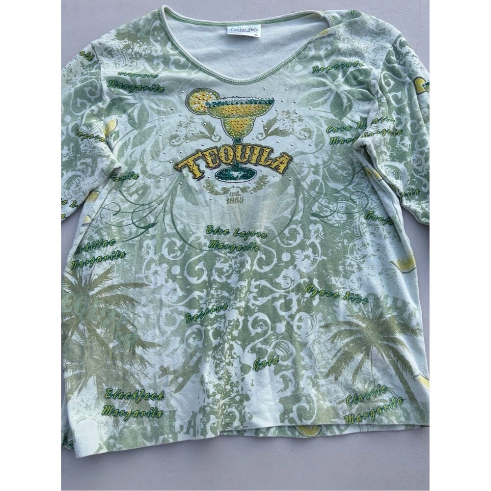 Cactus Bay Tequila rhinestone 3/4 sleeve top - size XL Y2K Tropical